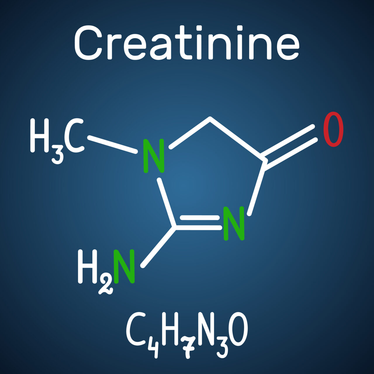 Creatinine molecule. Structural chemical formula and molecule model on the dark blue background. Vector illustration