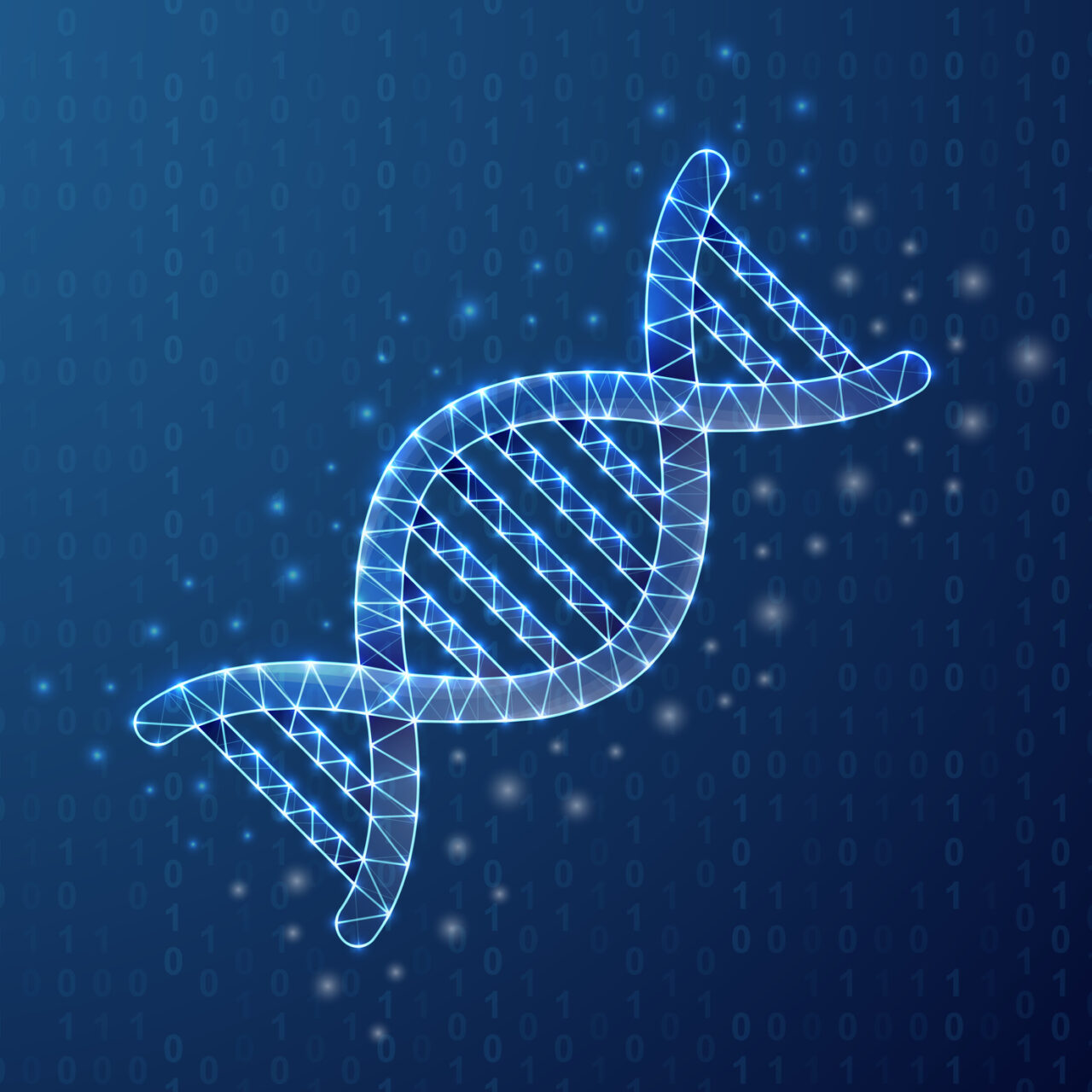 DNA spiral polygonal symbol with binary code background. Science concept design vector illustration. Blue Genetic helix low poly symbol with connected dots for landing page, advertising page.